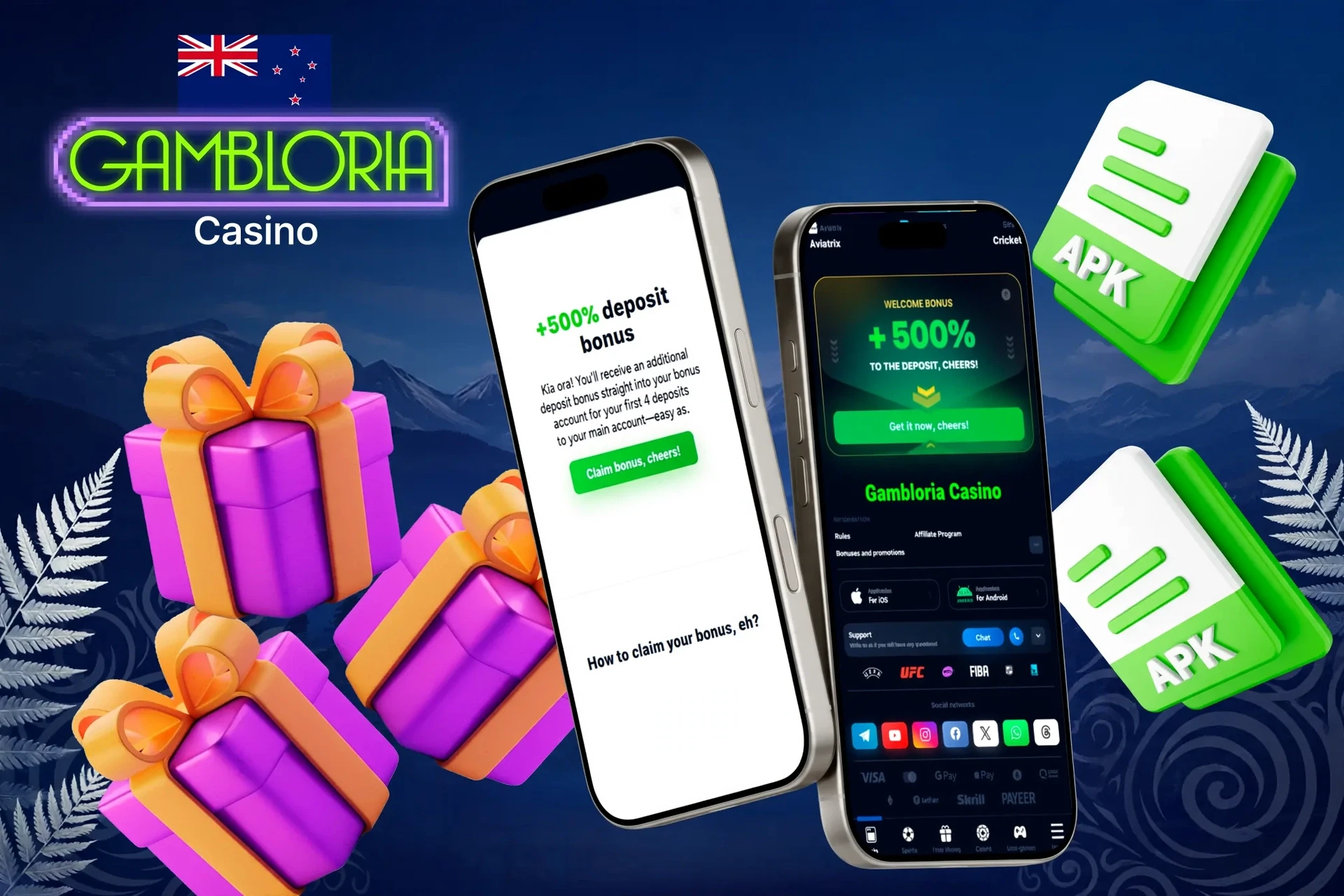 Gambloria Casino mobile app promotion with 100% up to A$750 welcome bonus and gift box illustration