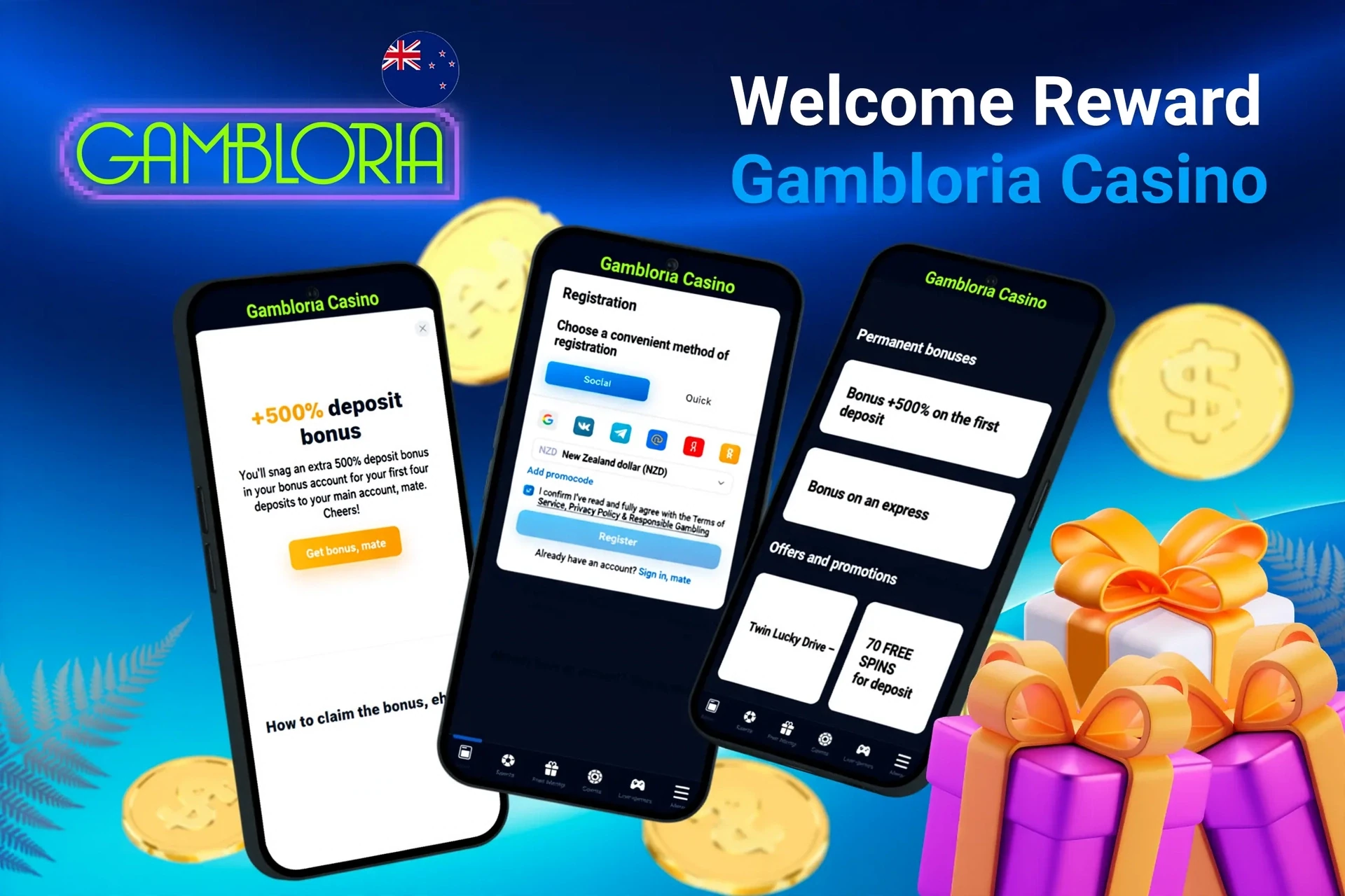 Mobile screens displaying 1Win registration and 500% deposit bonus with gift boxes