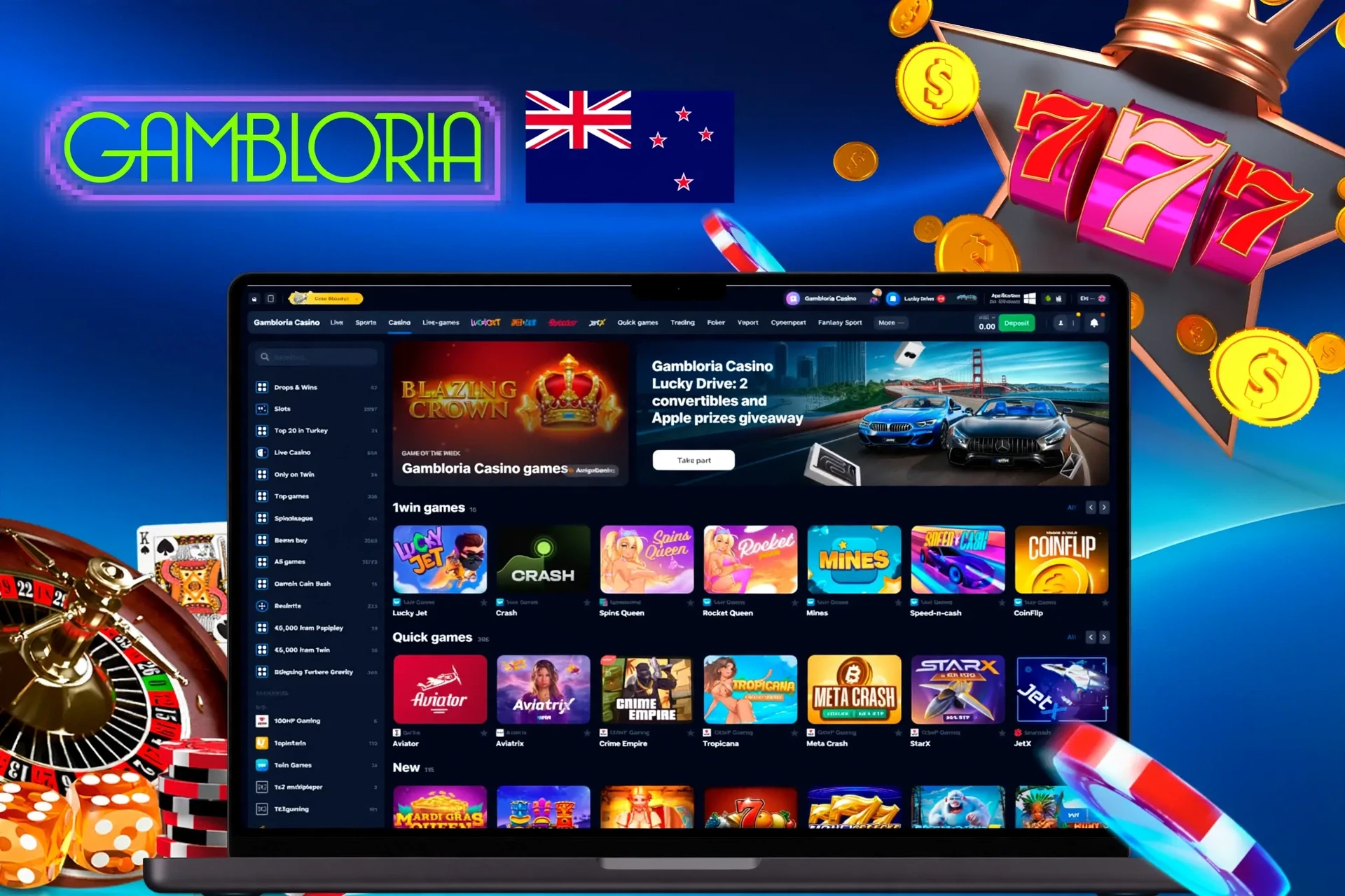 Casino homepage with various slot and crash games, including Lucky Jet and Blazing Crown
