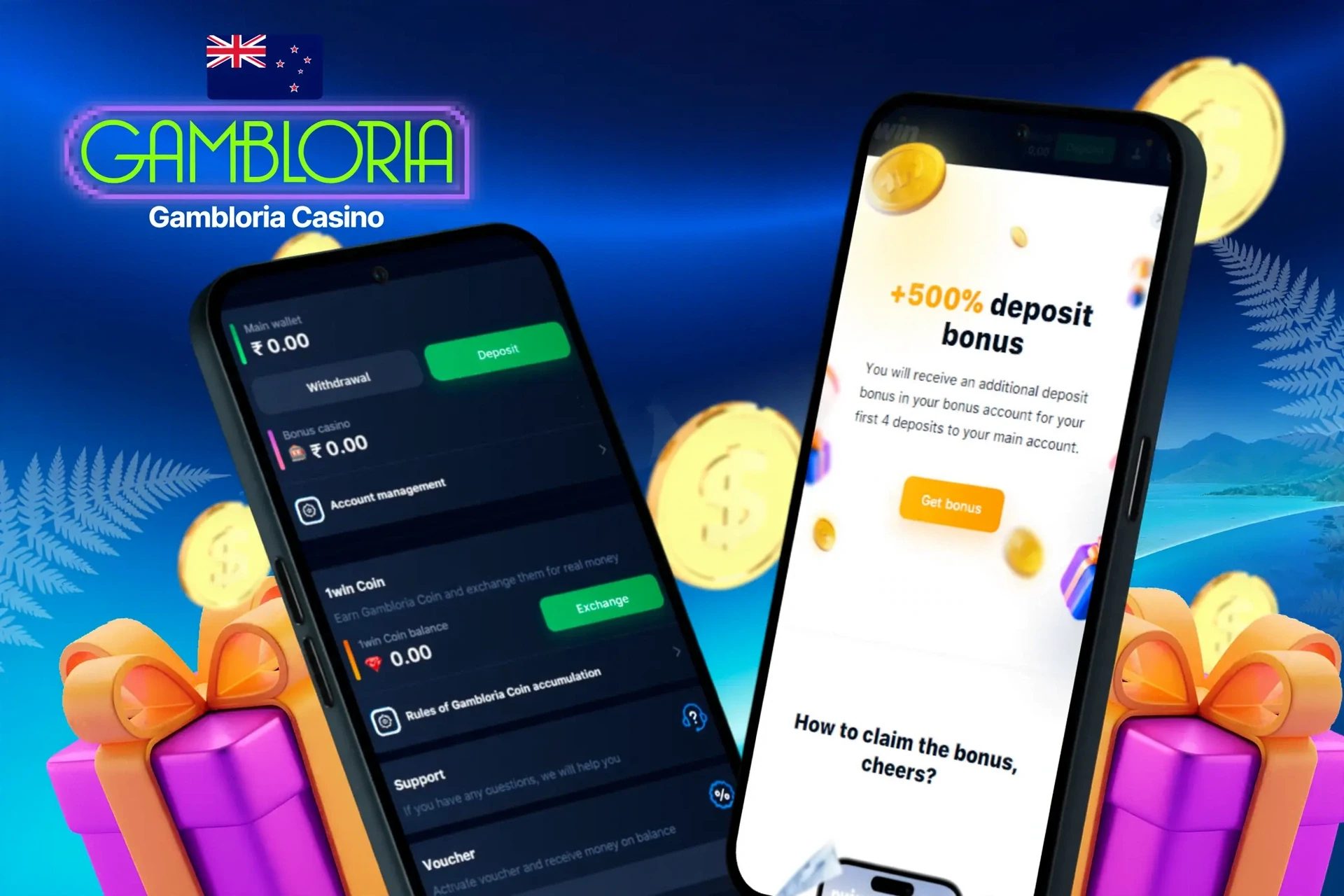 deposit and withdrawal screen showing wallet balance, account management options, and a 500% deposit bonus offer