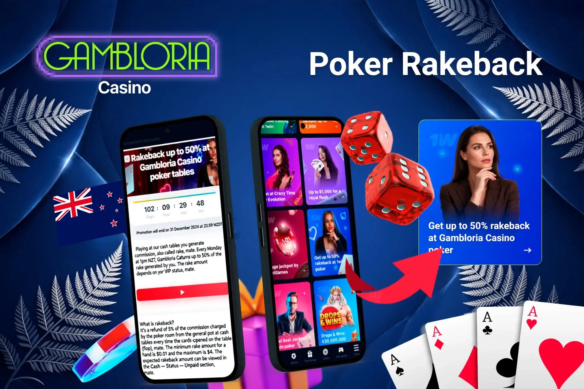 Mobile app with 1Win poker rakeback offer up to 50%, red dice, and playing cards