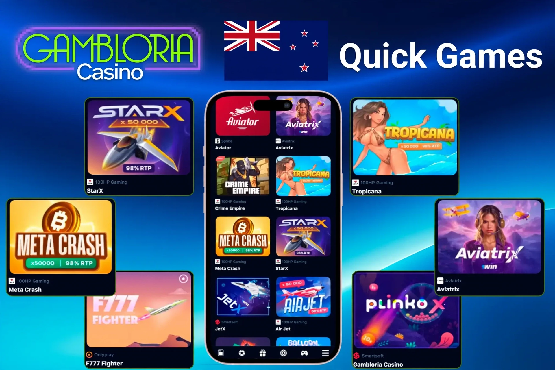quick games section with titles like StarX, Tropicana, Meta Crash, and PlinkoX highlighted on mobile app