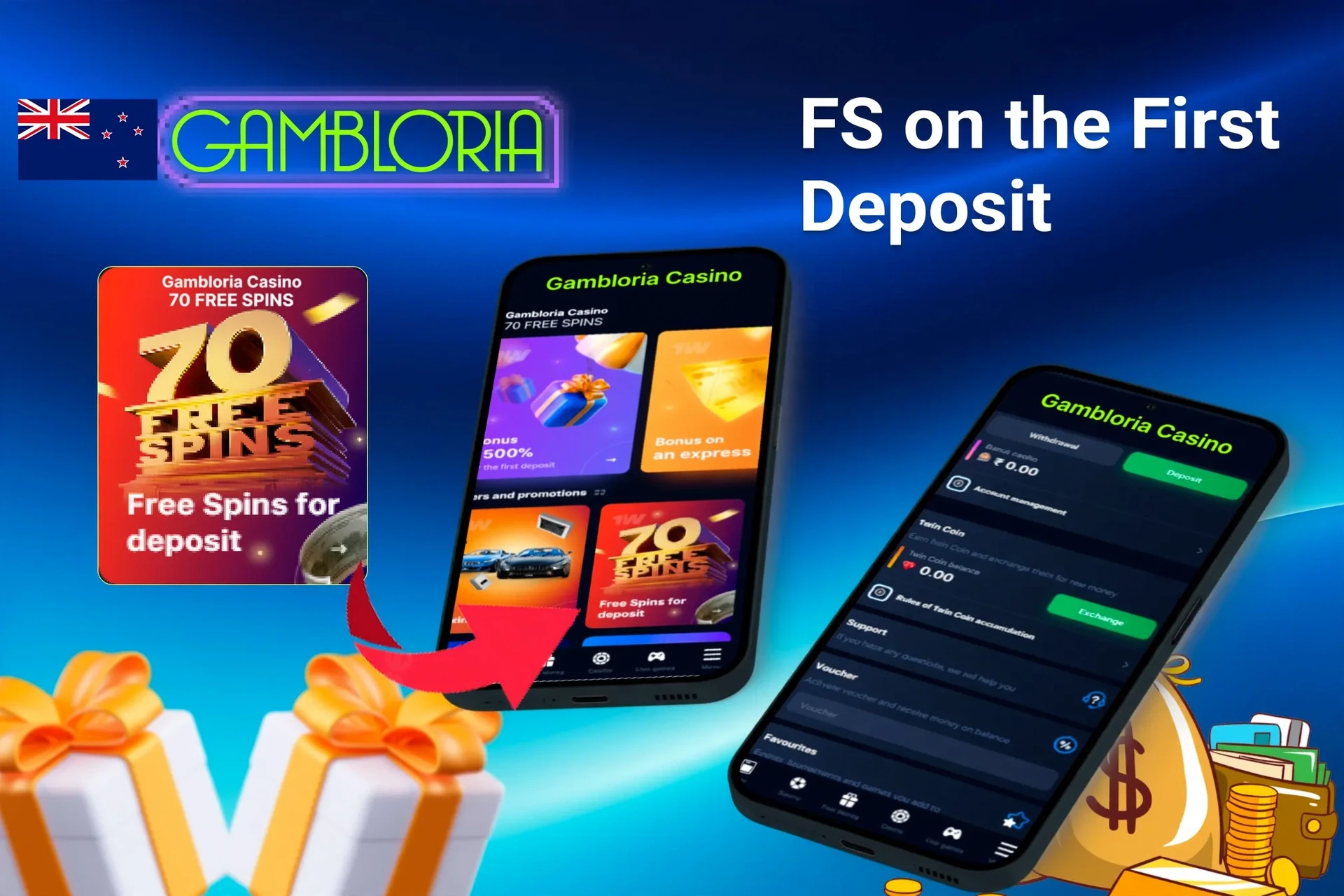 Mobile app showing casino game offers like loyalty program and free spins with poker chips and cards
