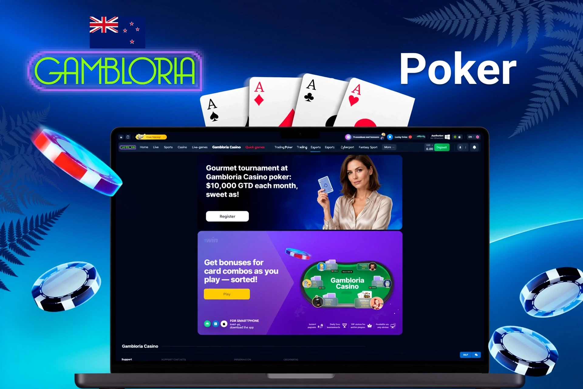 Gambloria Casino poker promotion featuring a gourmet tournament with $10,000 guaranteed prize and bonuses for card combos