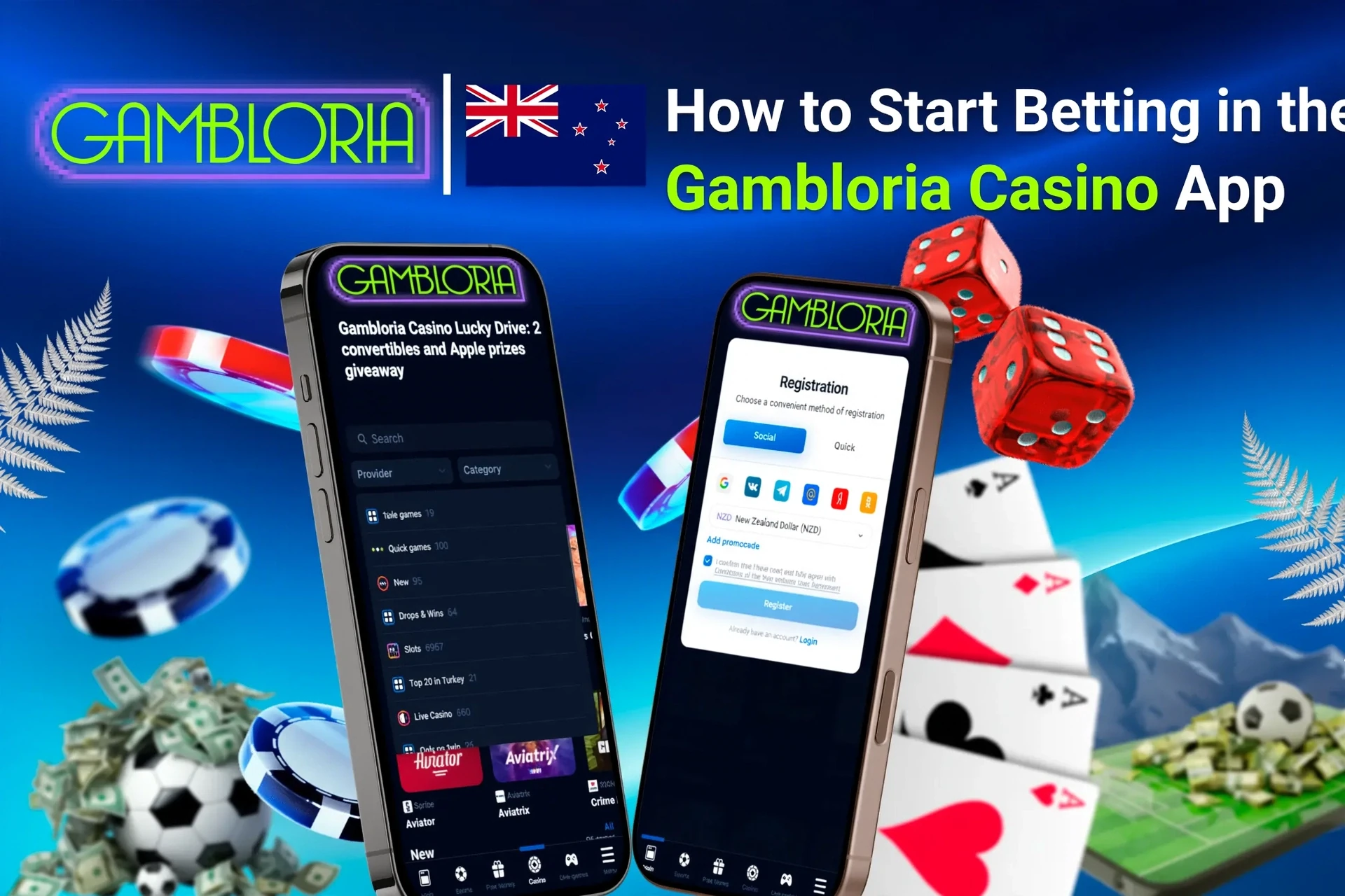 Step-by-step guide to starting betting on the app, with registration and game selection shown on mobile screens
