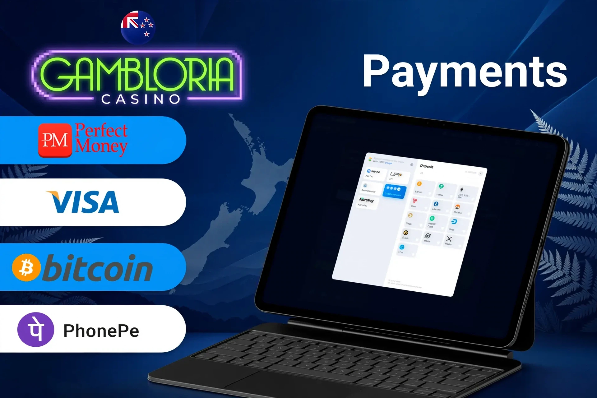 Gambloria Casino payment methods including Perfect Money, Visa, Bitcoin, and POLi for quick and secure transactions