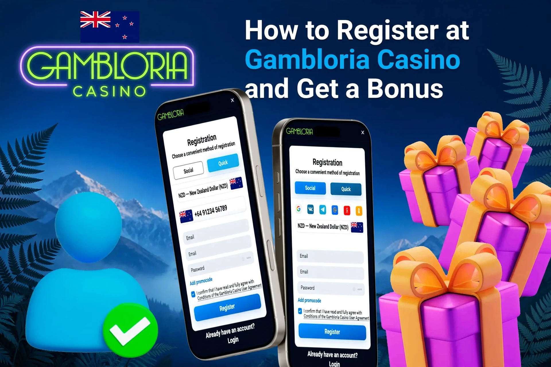 Mobile registration page for 1Win showing bonus offers with purple and gold gift boxes