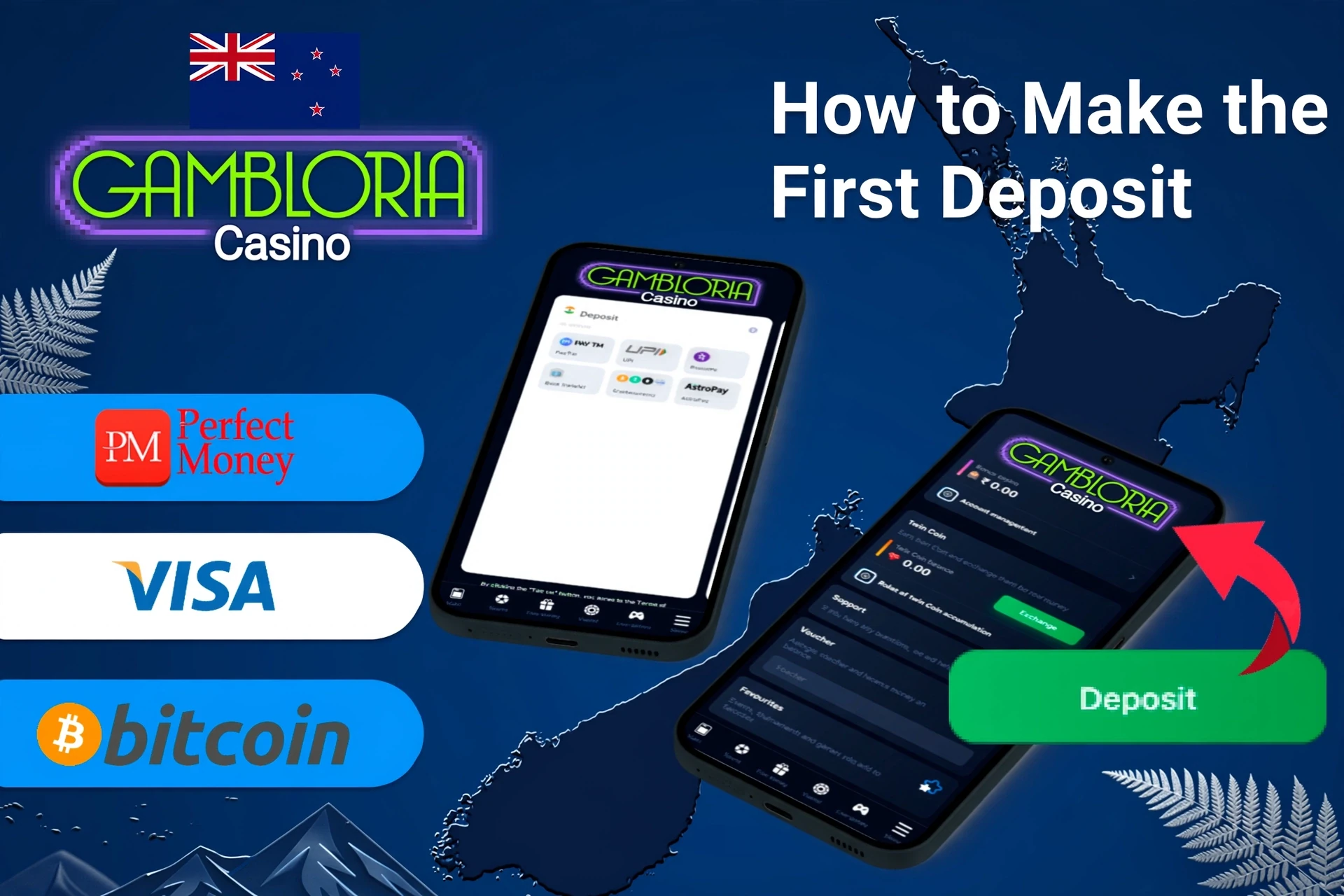 mobile app with deposit options including Perfect Money, Visa, and Bitcoin, along with deposit button