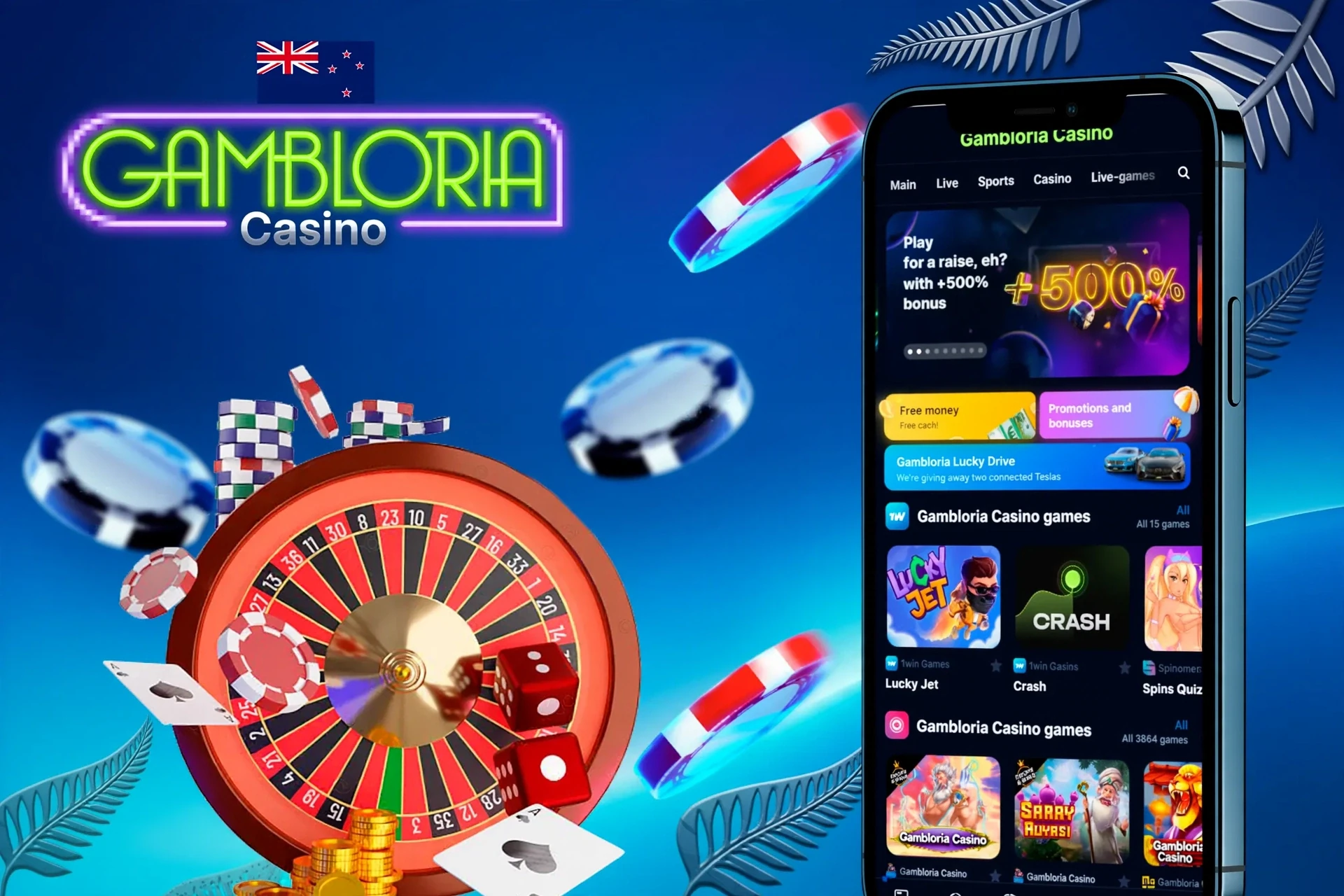 Mobile version of the Gambloria Casino app displayed on smartphones, offering quick access to various betting and gaming features