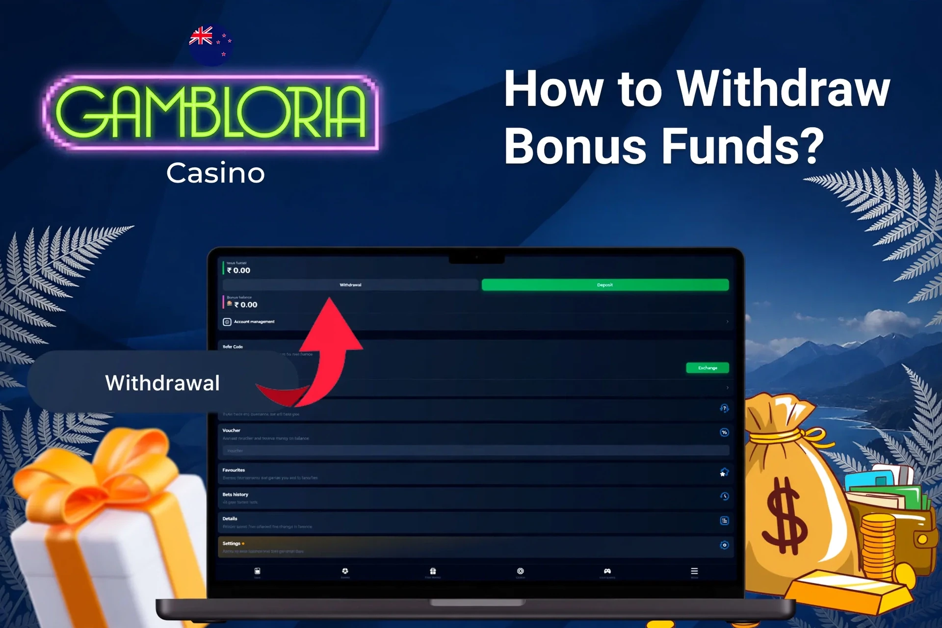 Laptop screen showing Gambloria Casino withdrawal options with money bags and gift boxes in the background