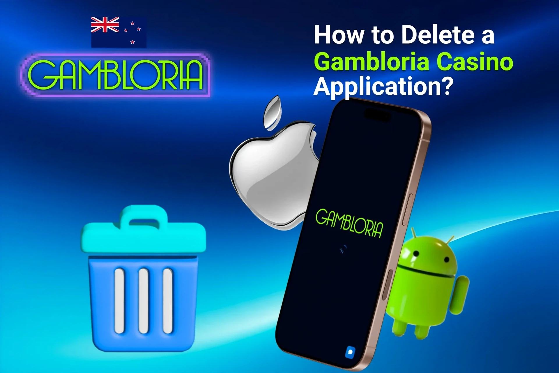 Instructions on how to delete the Gambloria Casino application from iOS and Android devices, shown with app icons