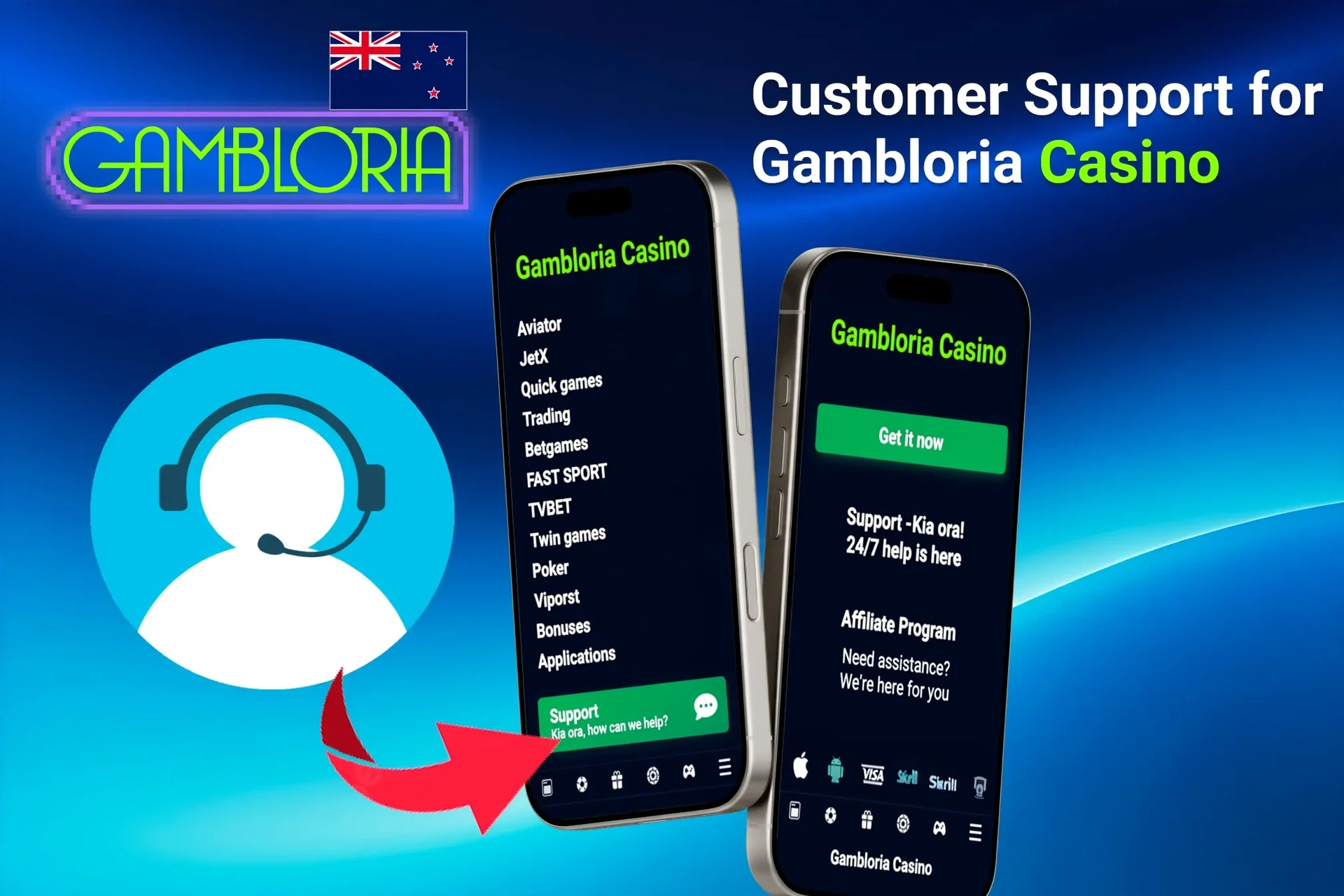 Customer support feature for the app, highlighting options for contacting Gambloria Casino support through the app