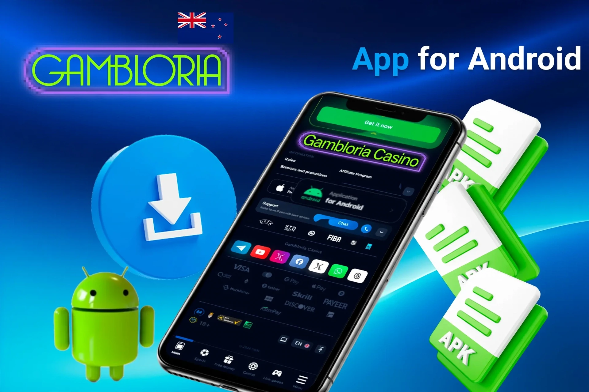 Gambloria Casino app for Android download process with APK file icons and Android mascot