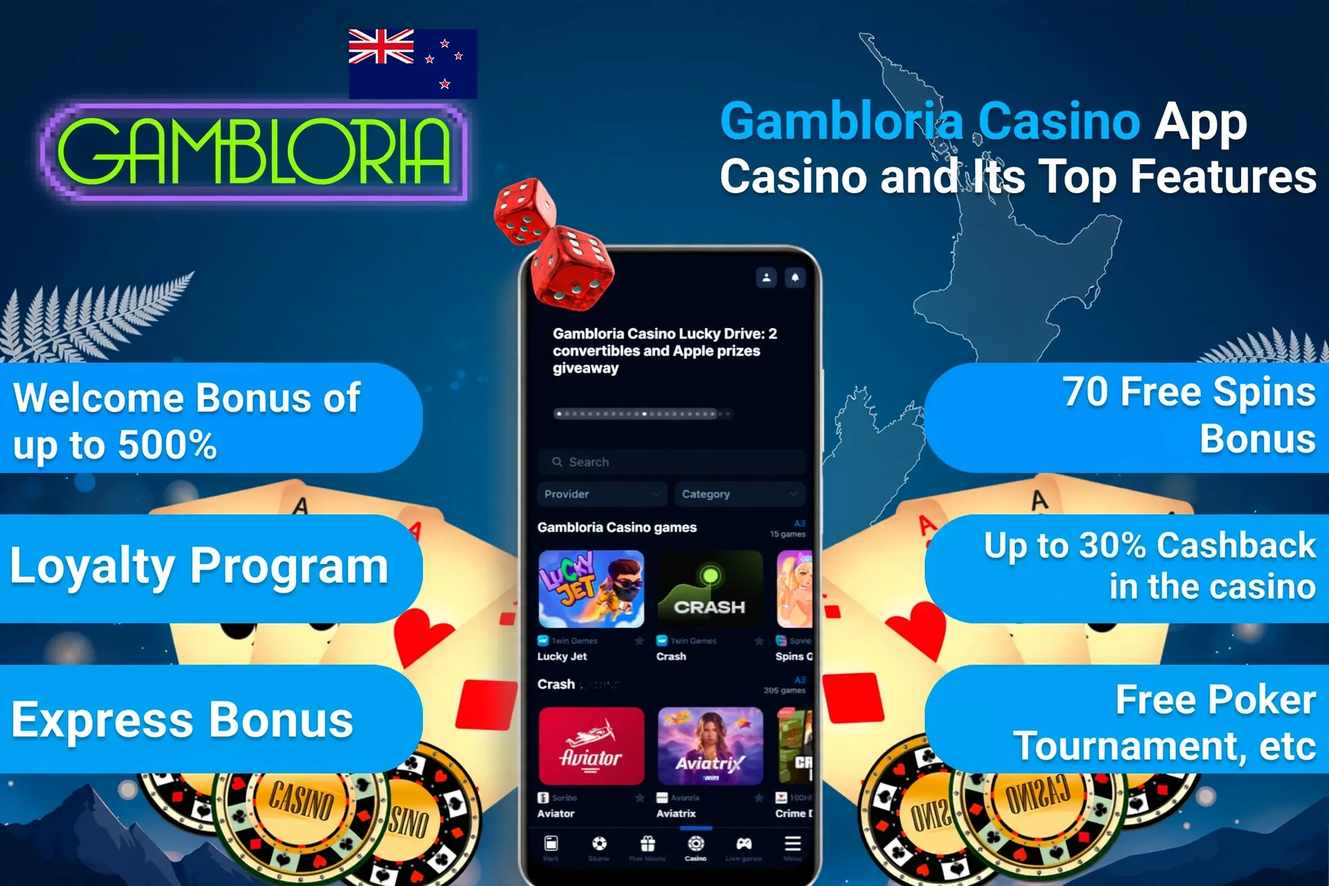 1Win App Casino top features including welcome bonus, loyalty program, and express bonus on mobile interface