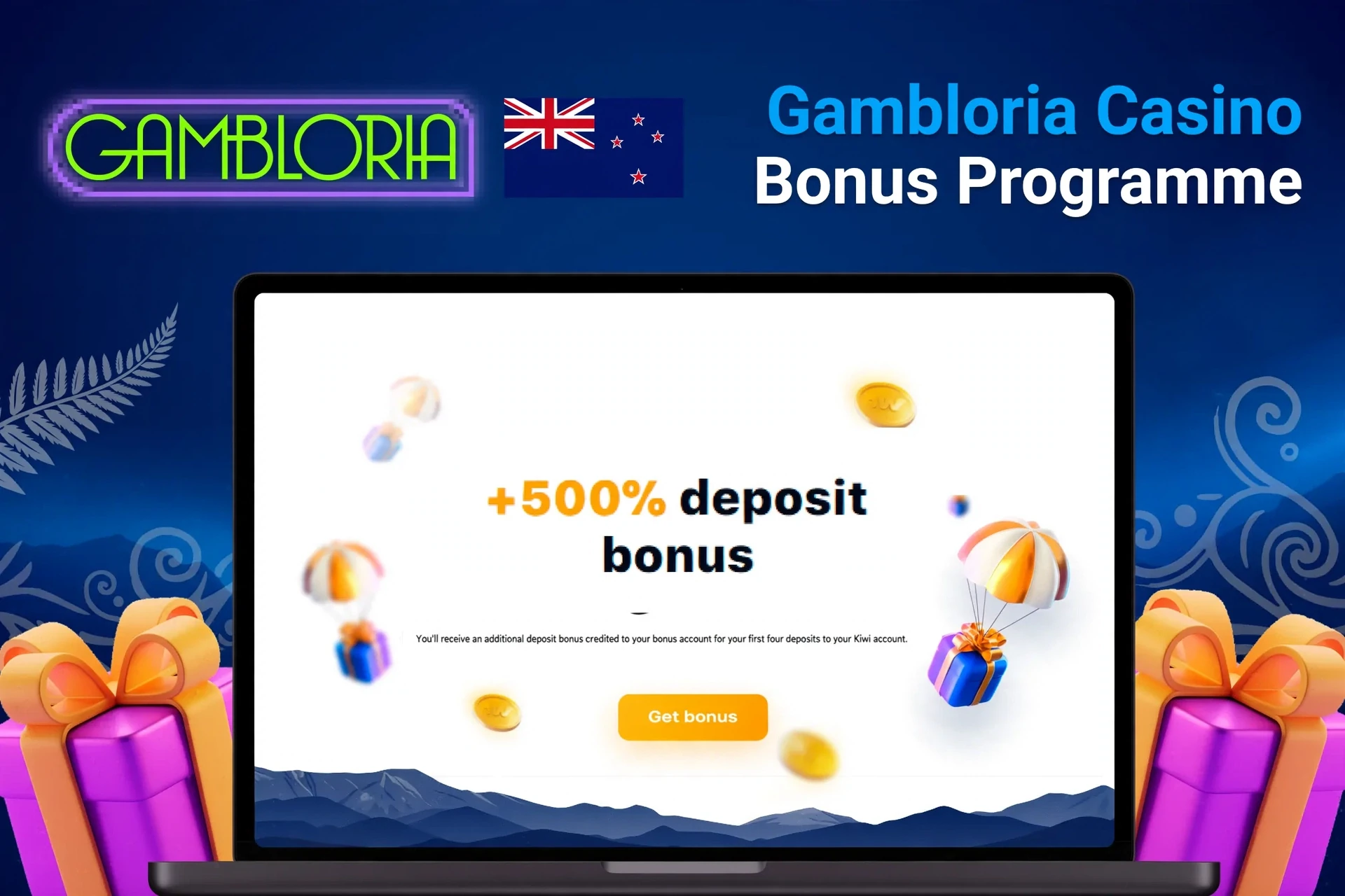 Laptop showing Gambloria Casino welcome offer of 100% up to A$750 and free spins with floating coins and gifts