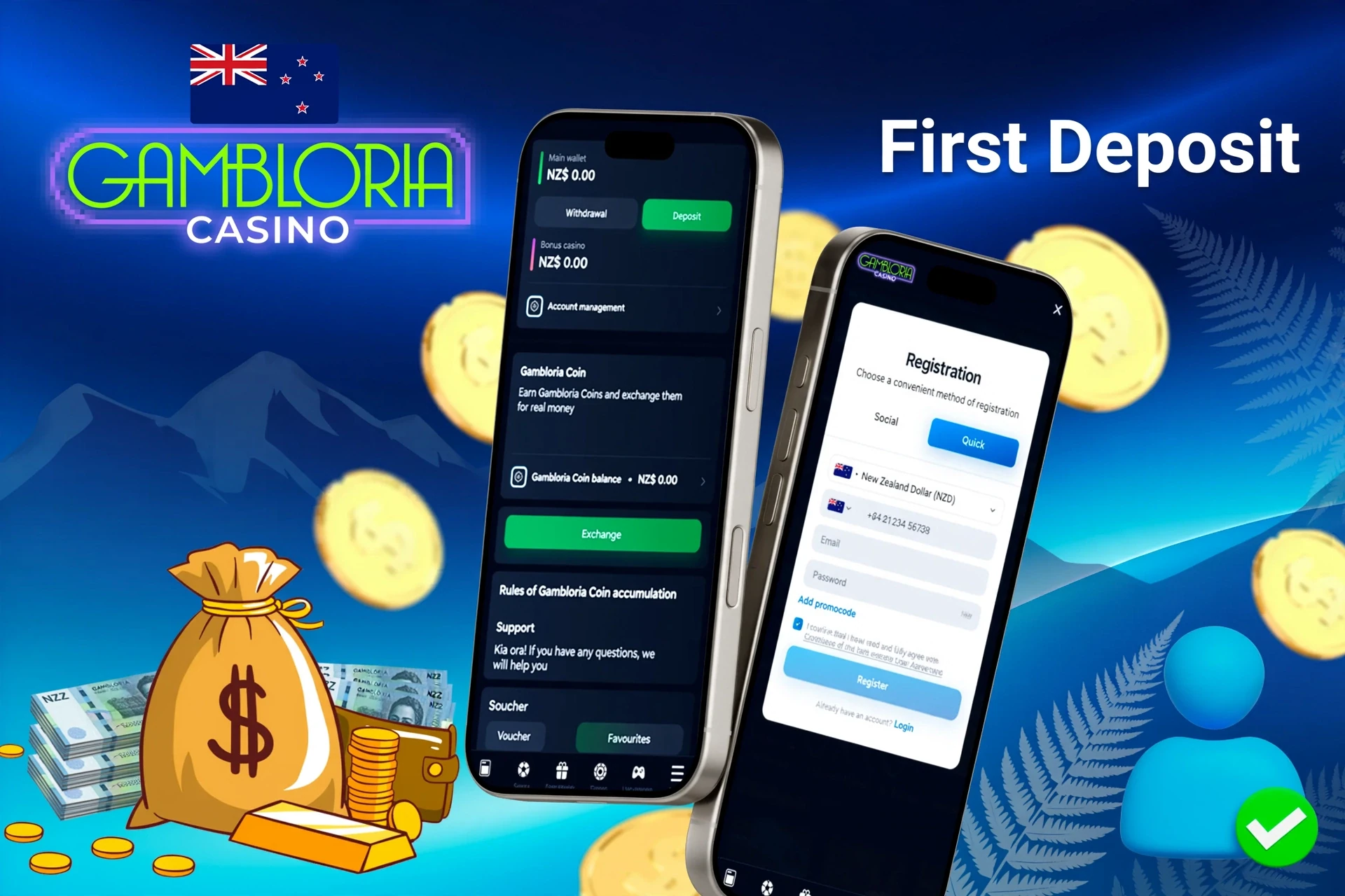 mobile interface showing steps to make the first deposit, with icons for payment options and bonus registration