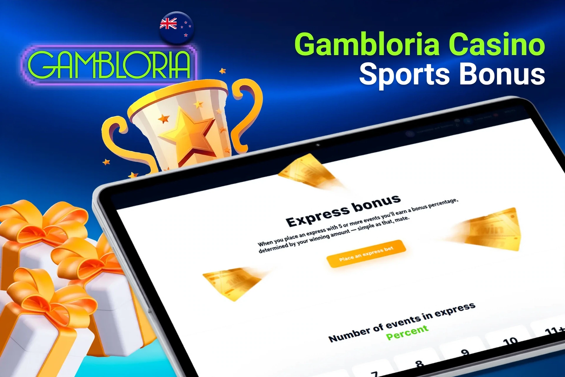 Tablet screen with express bonus offer for sports betting from Gambloria Casino, with trophy and gift boxes.