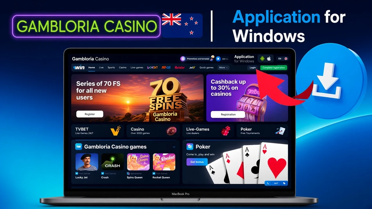 Gambloria Casino application for Windows with download instructions and free spins promotion