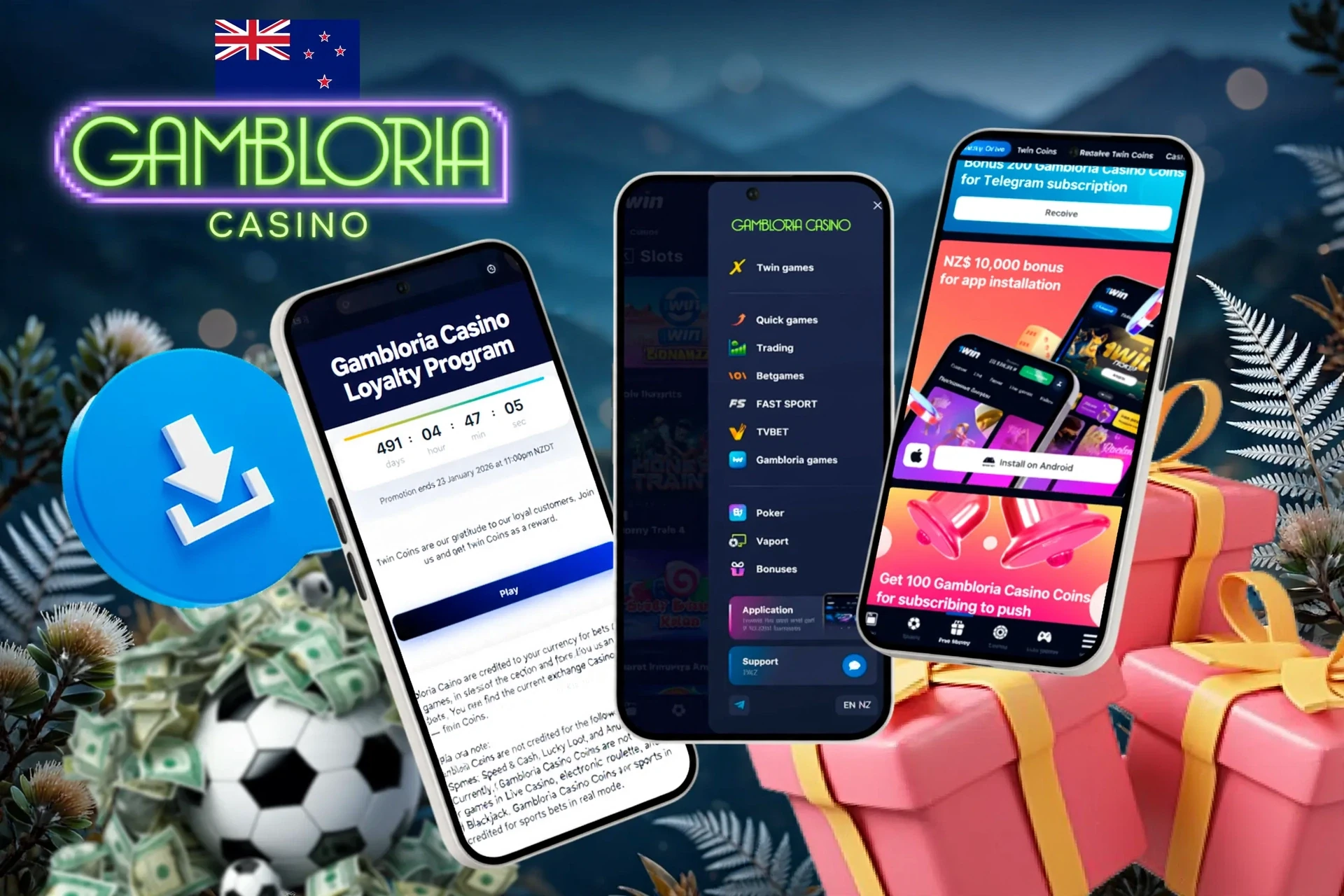 Mobile screens showing loyalty program, app installation bonus, and football icon with download button
