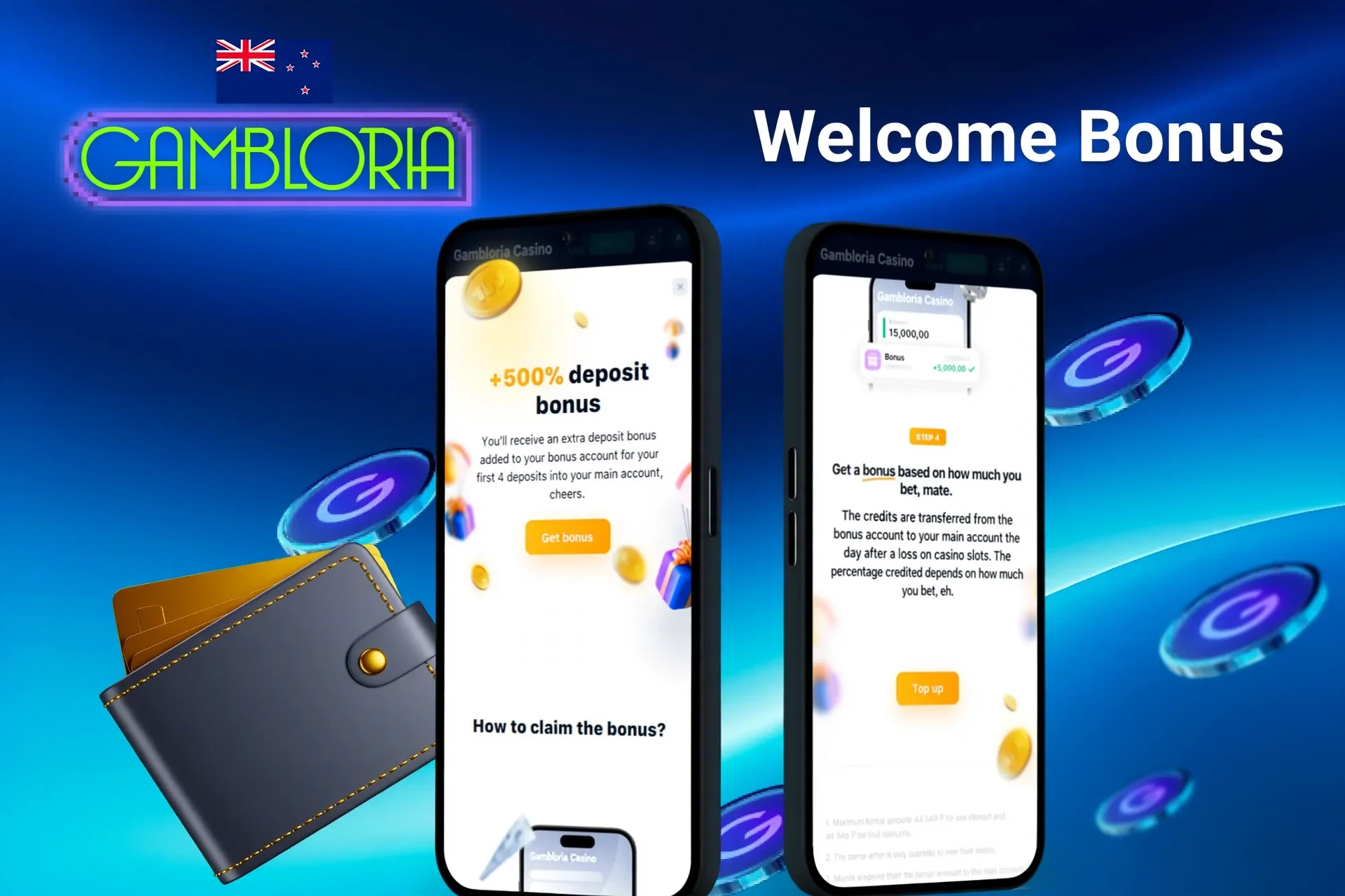 Gambloria Casino welcome bonus screen with +100% deposit bonus for first deposit and free spins displayed on mobile screens