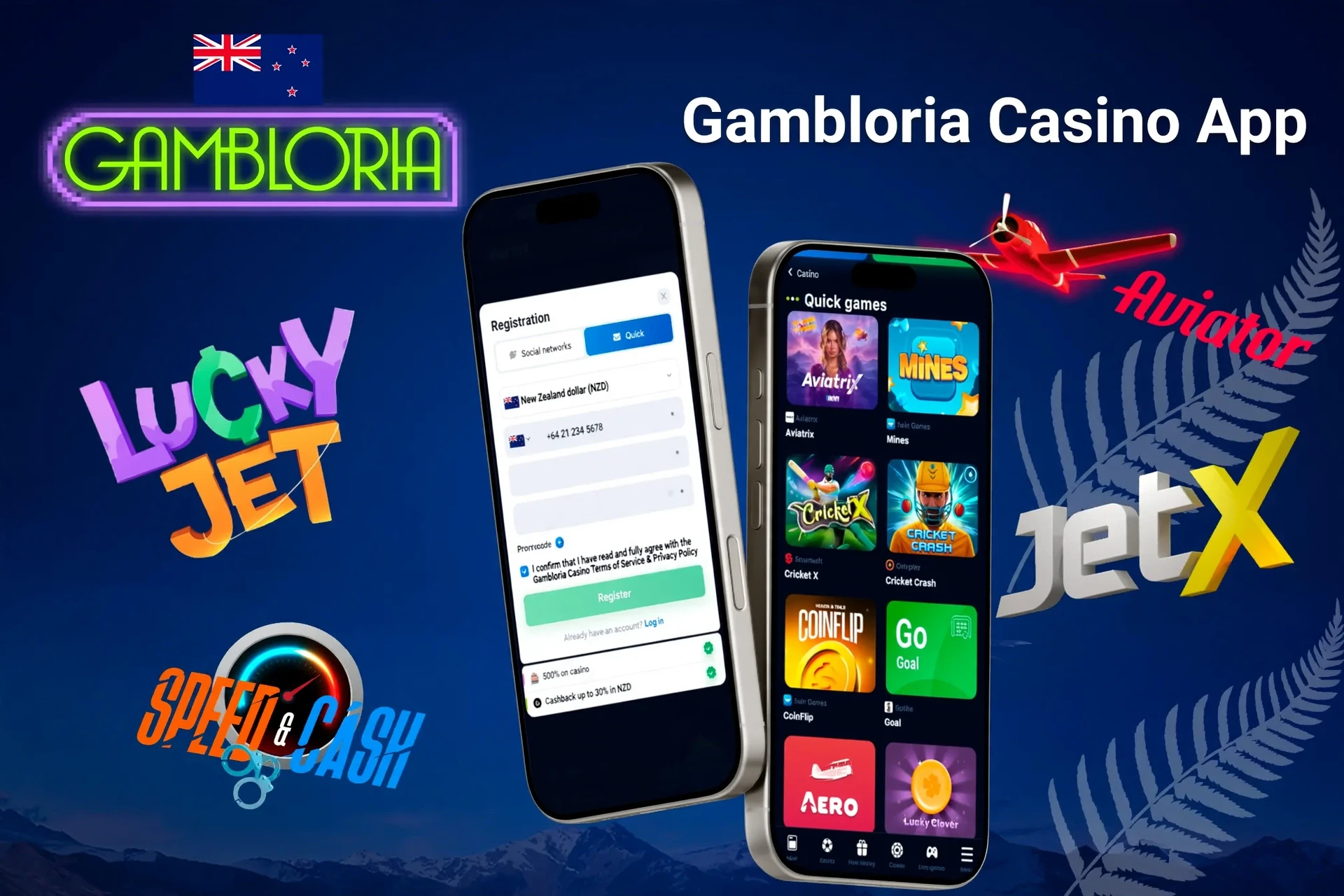 Gambloria Casino app registration screen with quick games like Aviatrix and JetX