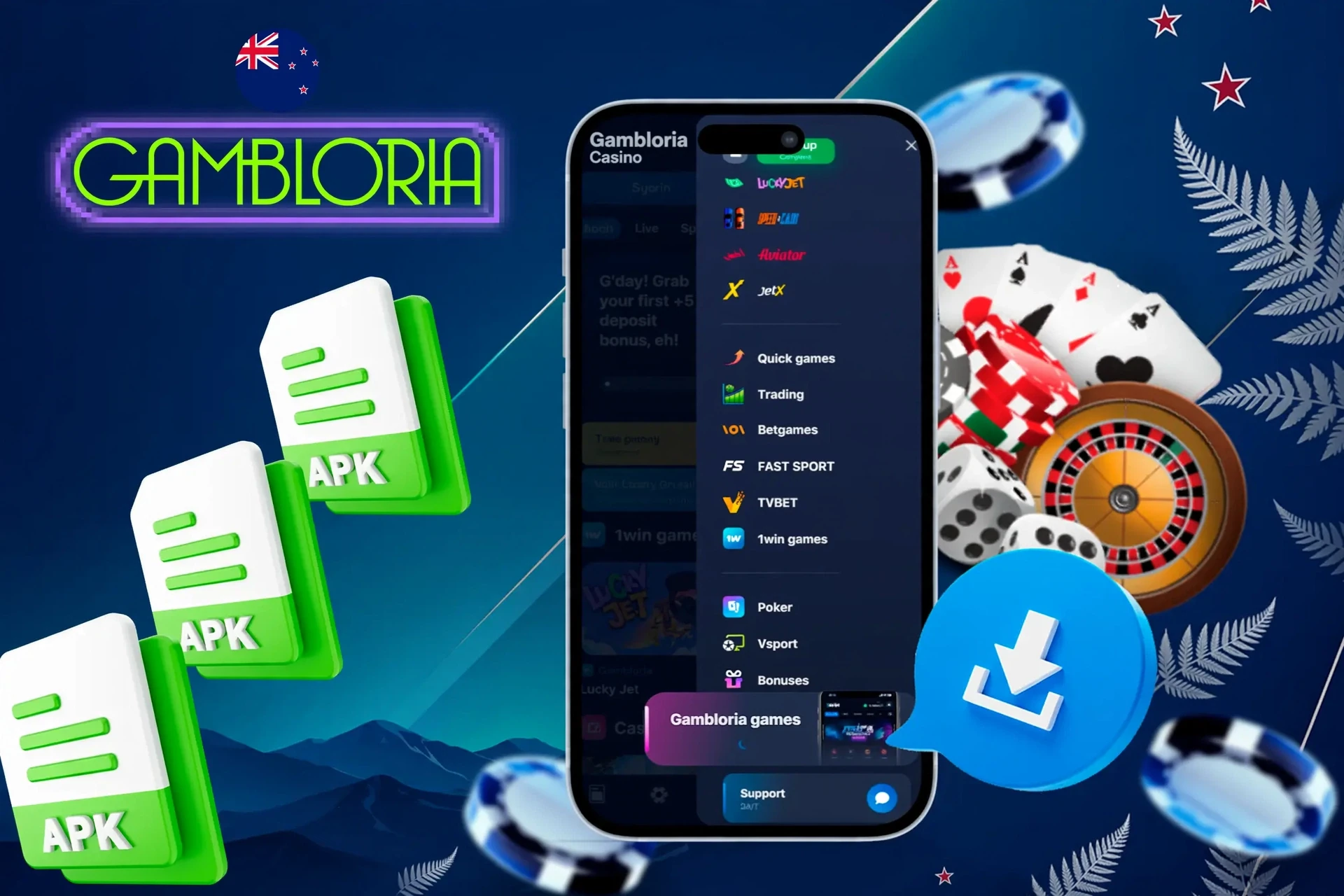 Gambloria app with APK file icons and casino chips illustrating mobile access to Gambloria games