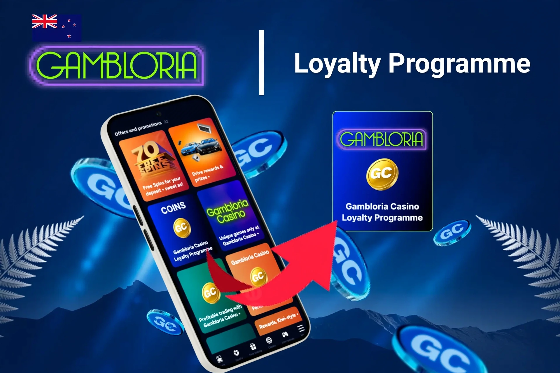 Mobile app showing Gambloria Casino loyalty program and offers like free spins and Lucky Drive.