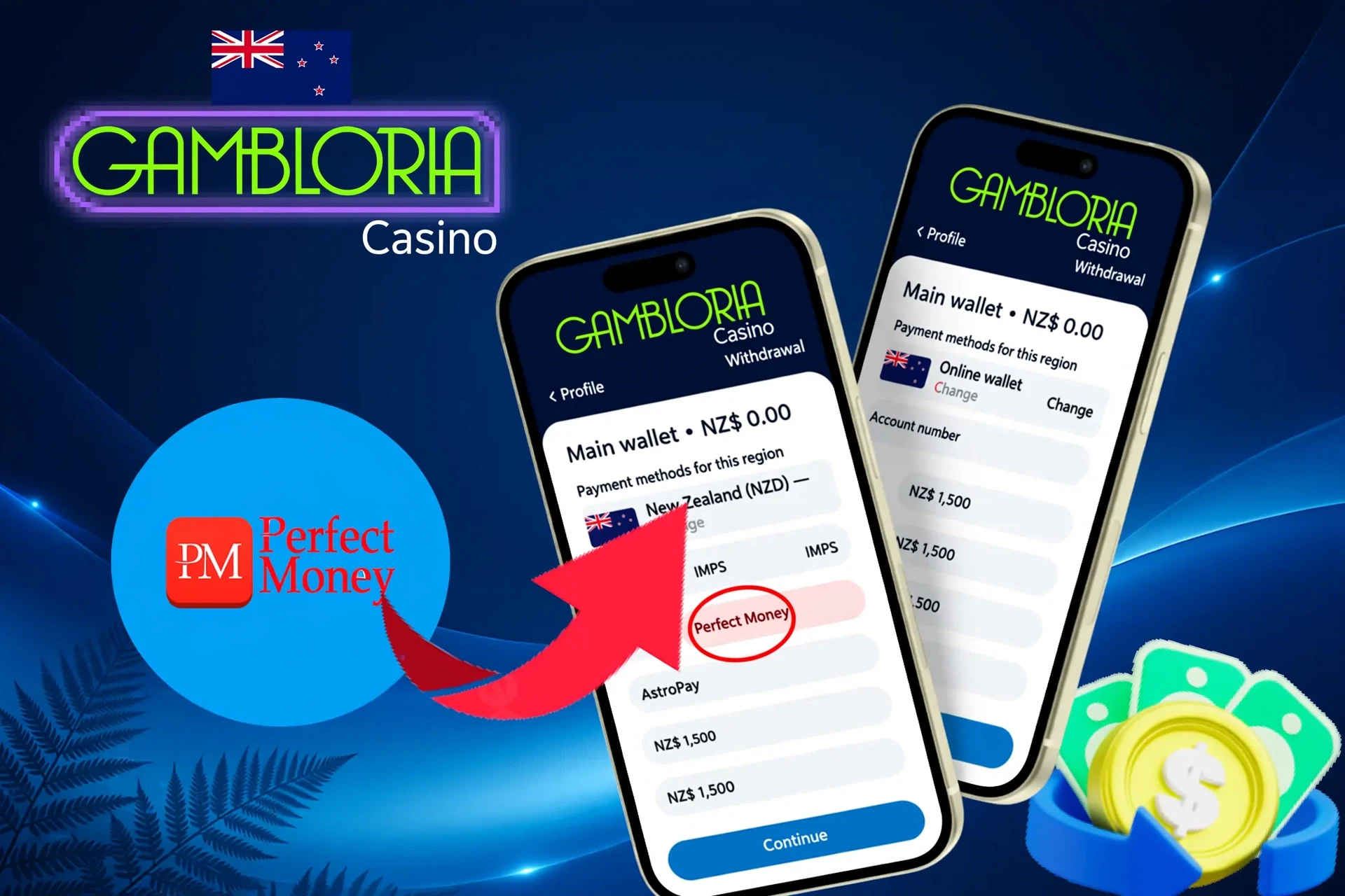 withdrawal options, featuring Perfect Money, BPAY, and other wallet services, shown on a mobile interface