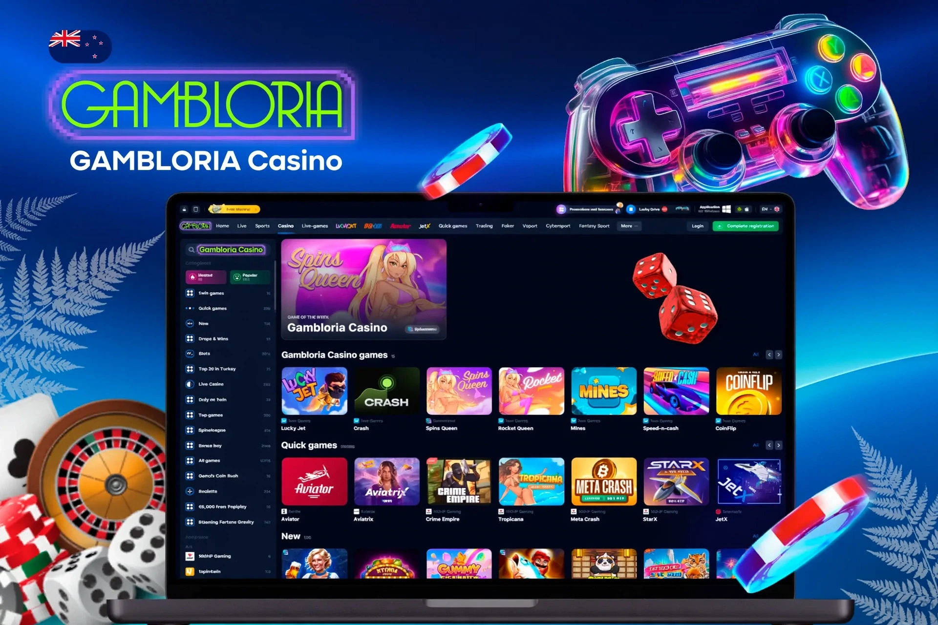 app interface showing a variety of games like slots, crash, and live casino with a vibrant game controller icon