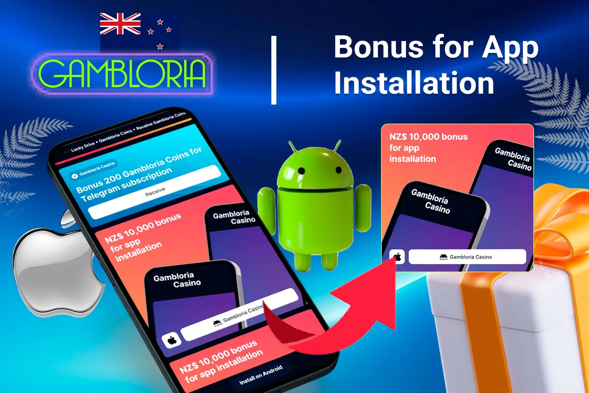 Gambloria Casino bonus offer for app installation on mobile with Android and Apple logos, and gift boxes