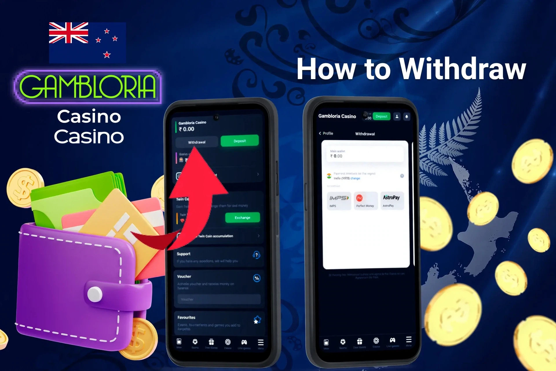 mobile interface showing withdrawal process with an arrow pointing to withdrawal options and available wallet balance