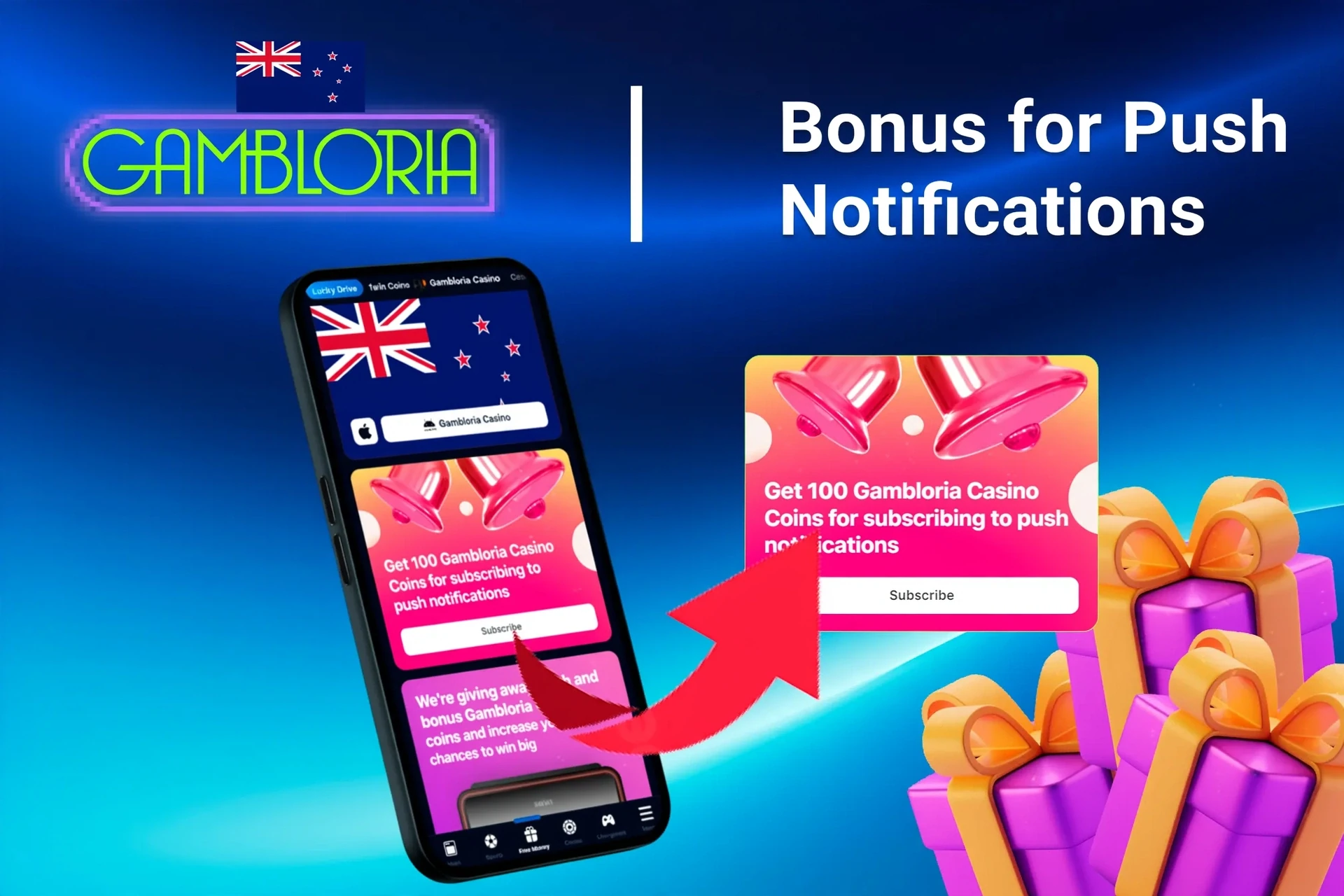 mobile app showing bonus offers and promotions with coins and poker-related graphics