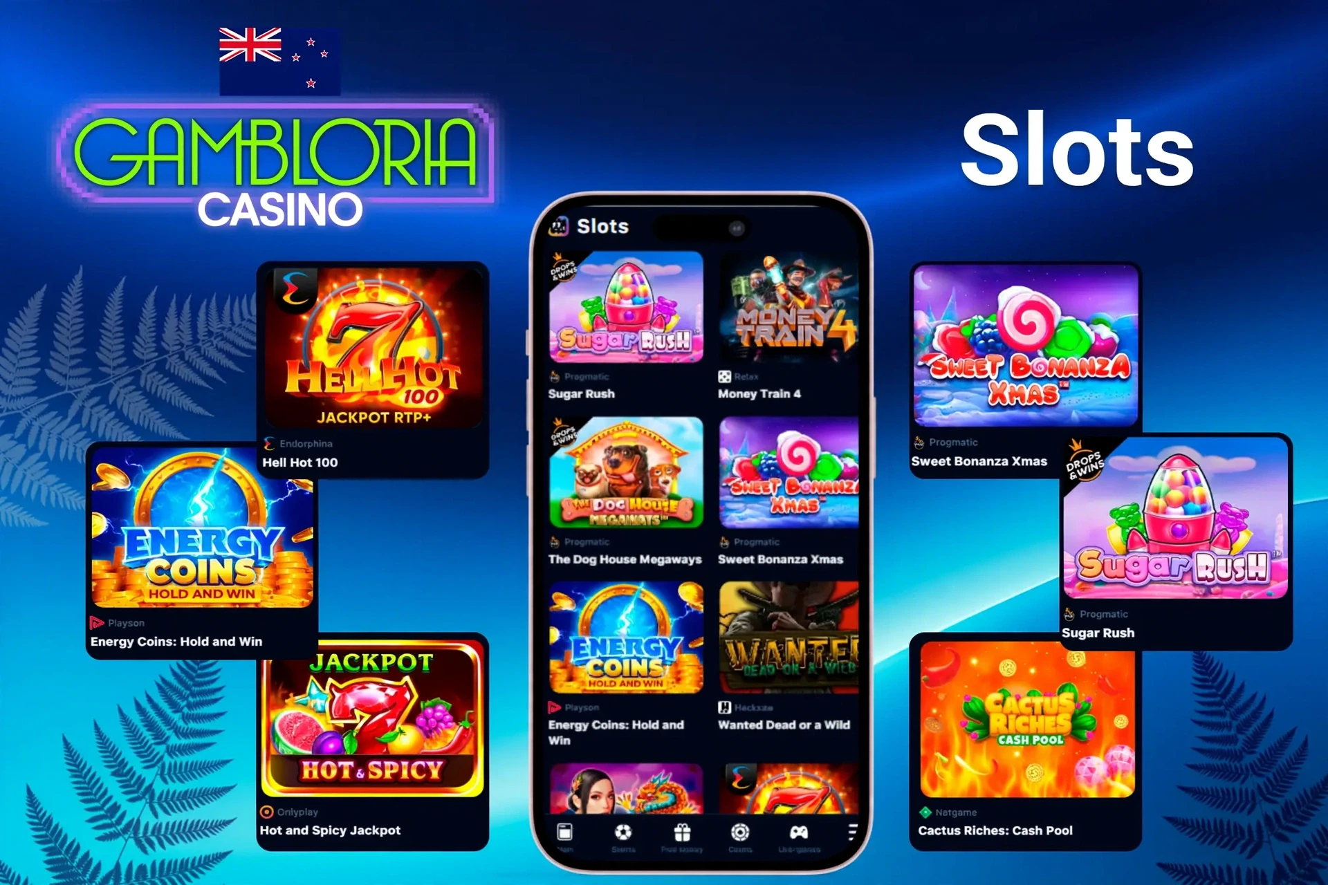 Slots games featuring popular titles like Sugar Rush, Energy Coins, and Hell Hot 100 on mobile and desktop
