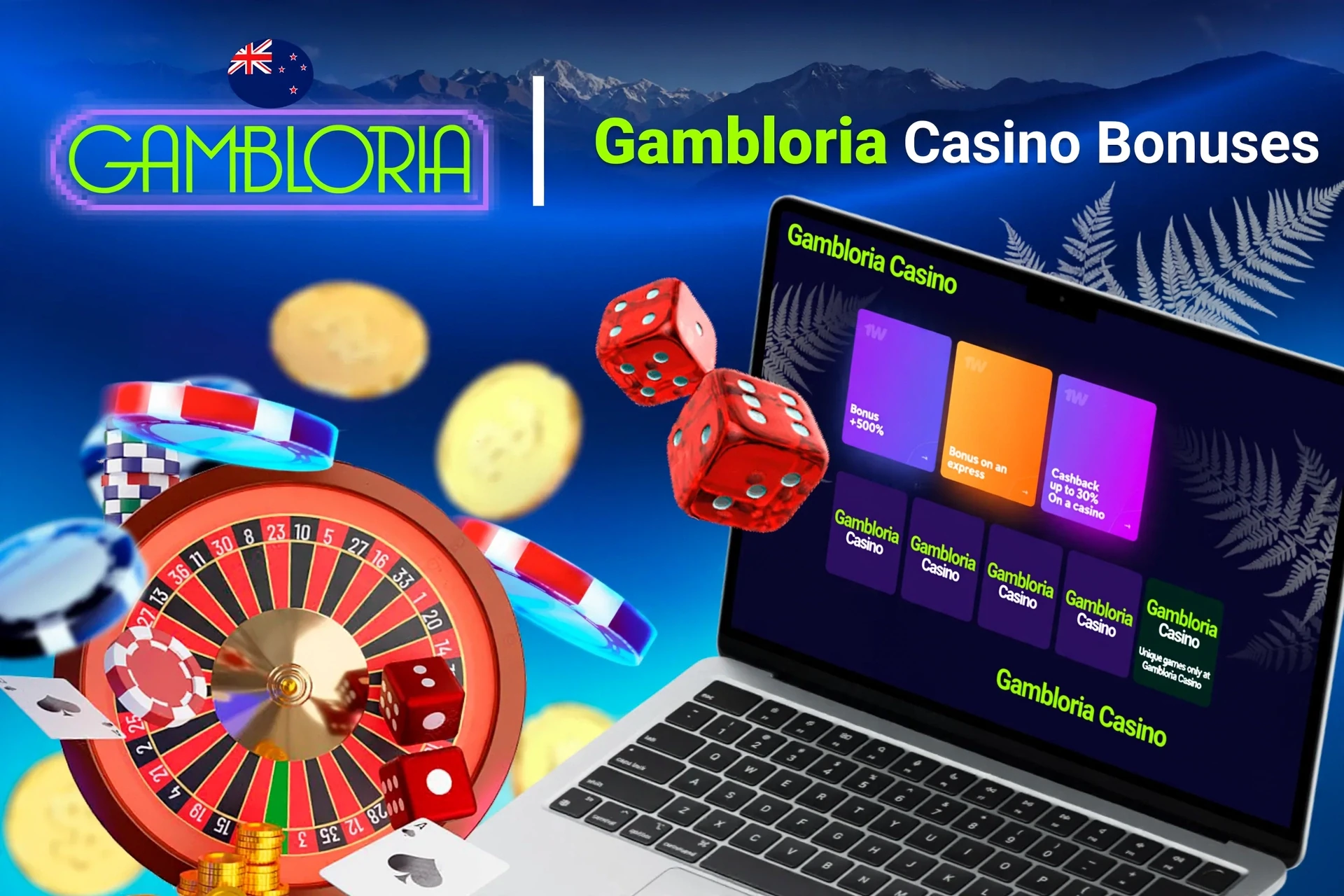 Laptop screen showing various Gambloria Casino bonuses with roulette, dice, and poker chips