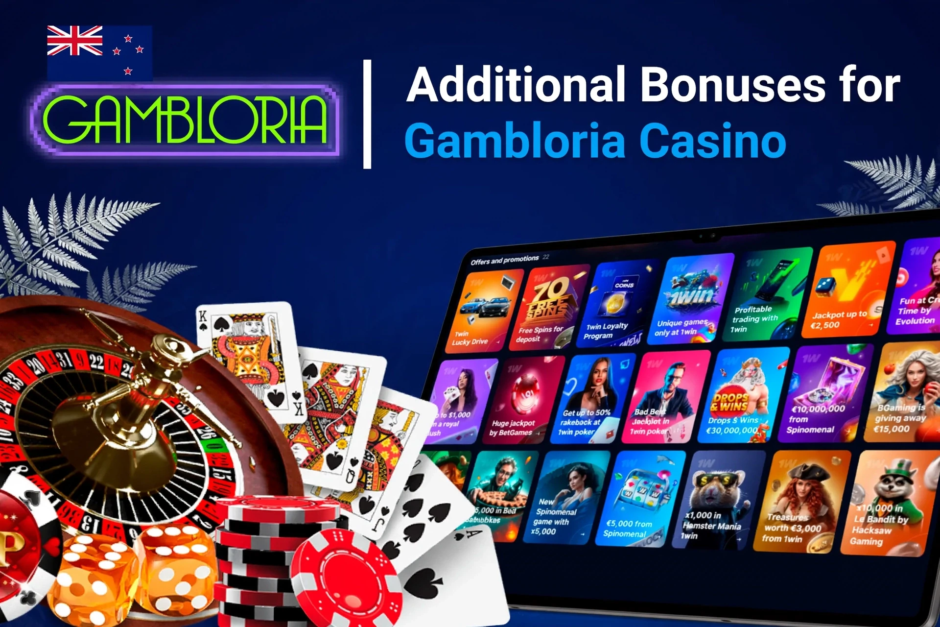 Mobile app showing casino game offers like loyalty program and free spins with poker chips and cards